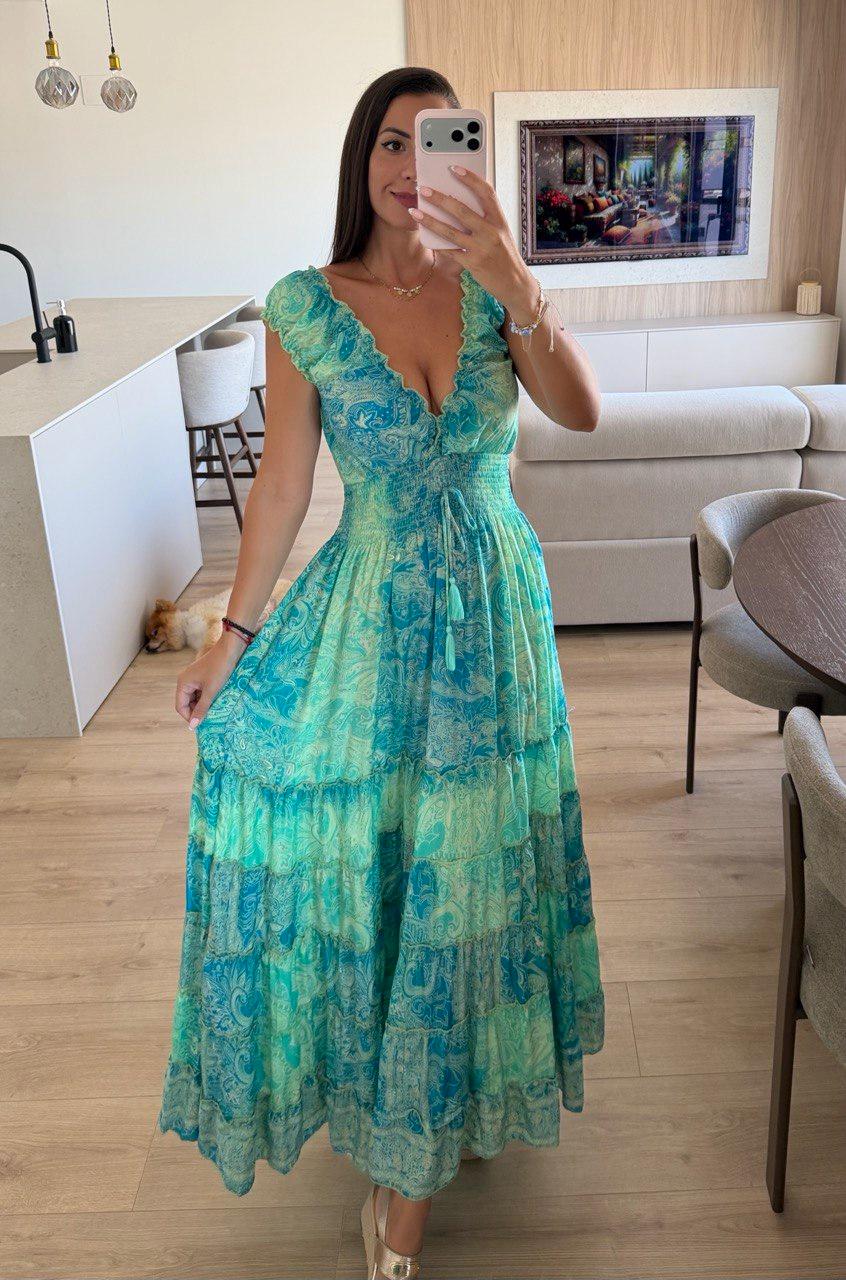 Silk Boho Maxi Dress for Women, Blue Paisley Beach Dress, Flowy Summer Dress, Smocked Waist Bohemian Dress, Resort Vacation Dress.