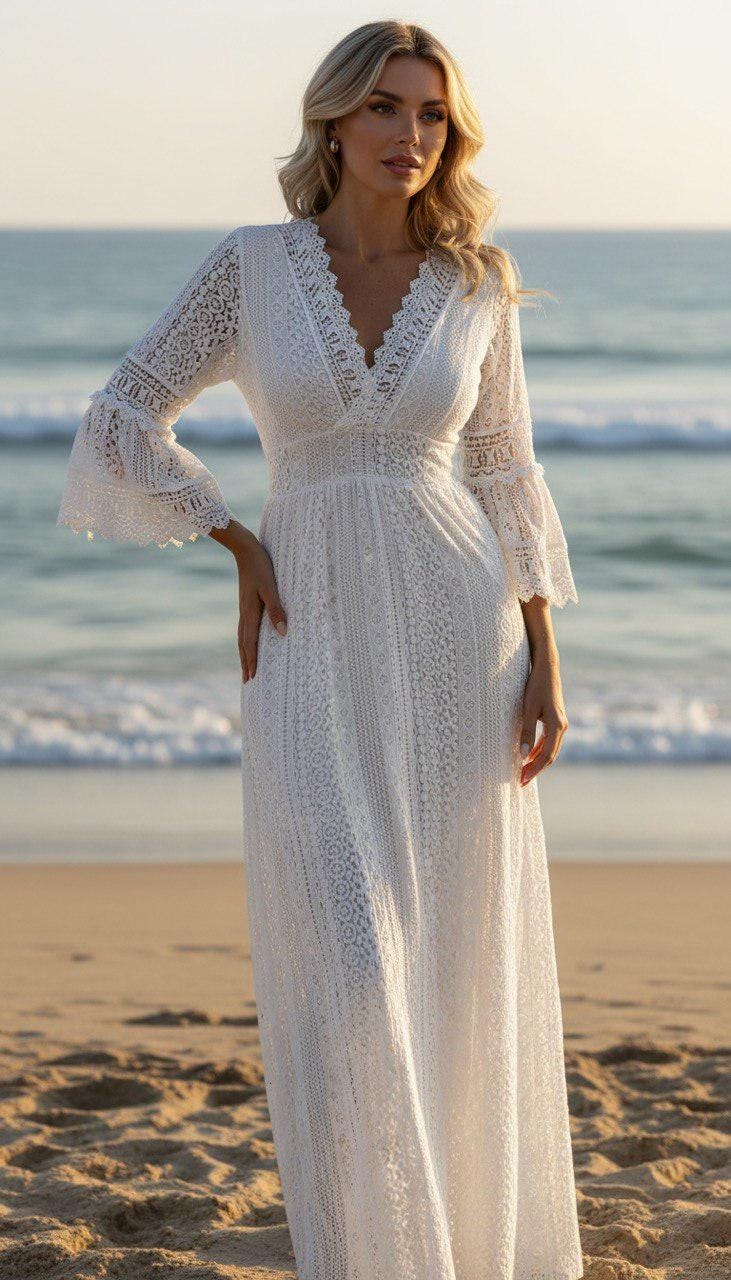 White Wedding Dress, Boho Lace White Dress, Dress Pattern, Beach Wedding Dress, Bohemian Bride Dress, Lace White Dress, Formal Dress.