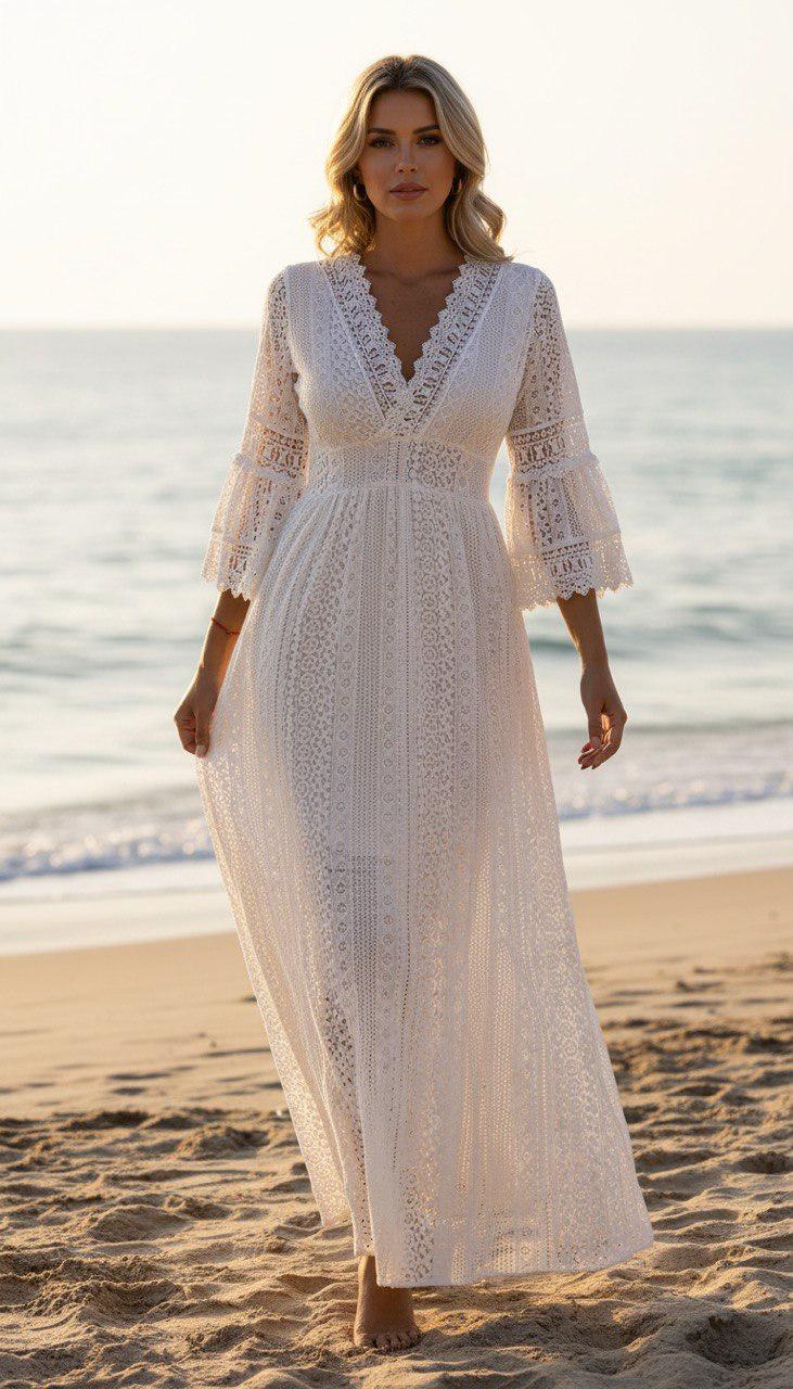 Black Boho Maxi Dress, Lace Long Sleeve Dress for Women, Elegant Summer Dress, Beach Vacation Outfit, Bohemian Resort Wear.