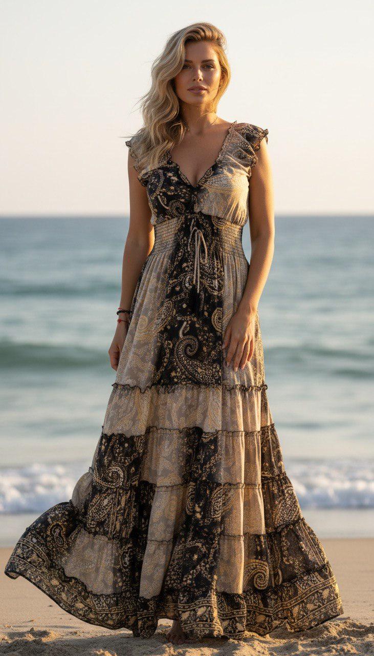 Women's Silk Maxi Dress, Boho Paisley Dress, Luxury Summer Dress, Beach Vacation Dress, Flowy Silk Dress, Resort Wear, Ibiza Boho Dress.