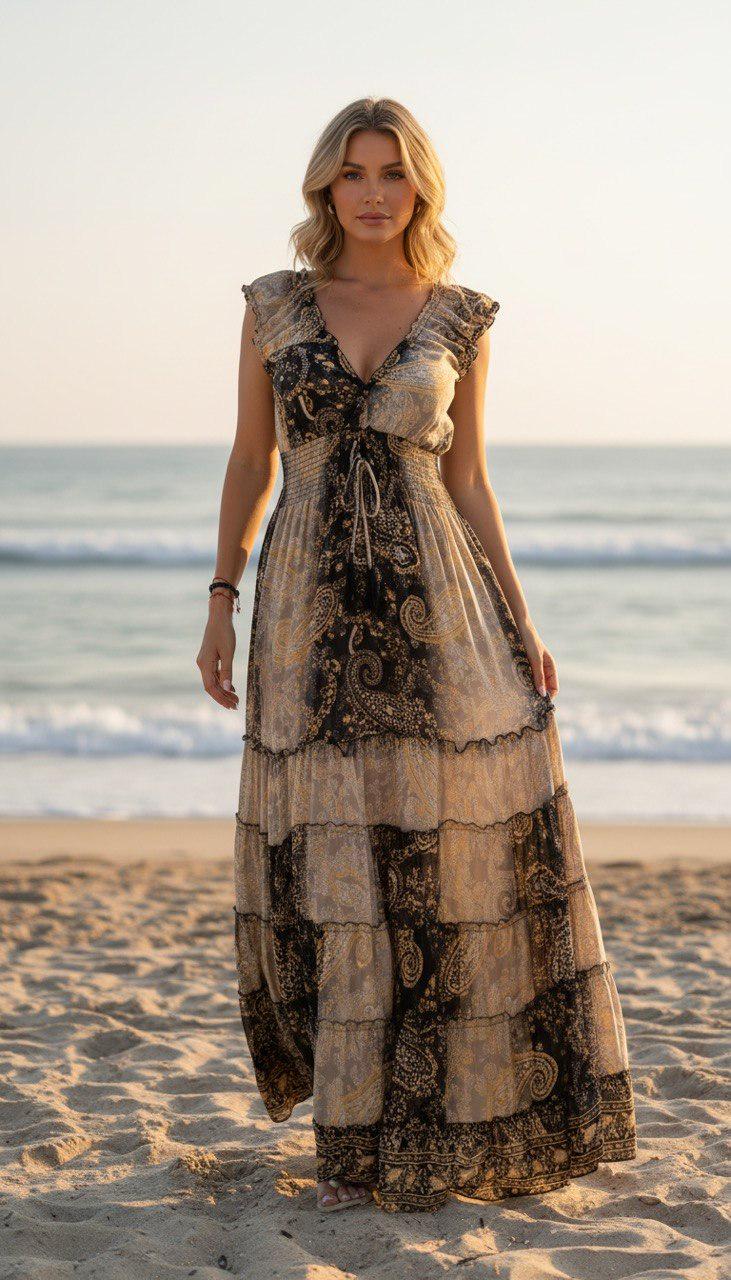 Women's Silk Maxi Dress, Boho Paisley Dress, Luxury Summer Dress, Beach Vacation Dress, Flowy Silk Dress, Resort Wear, Ibiza Boho Dress.