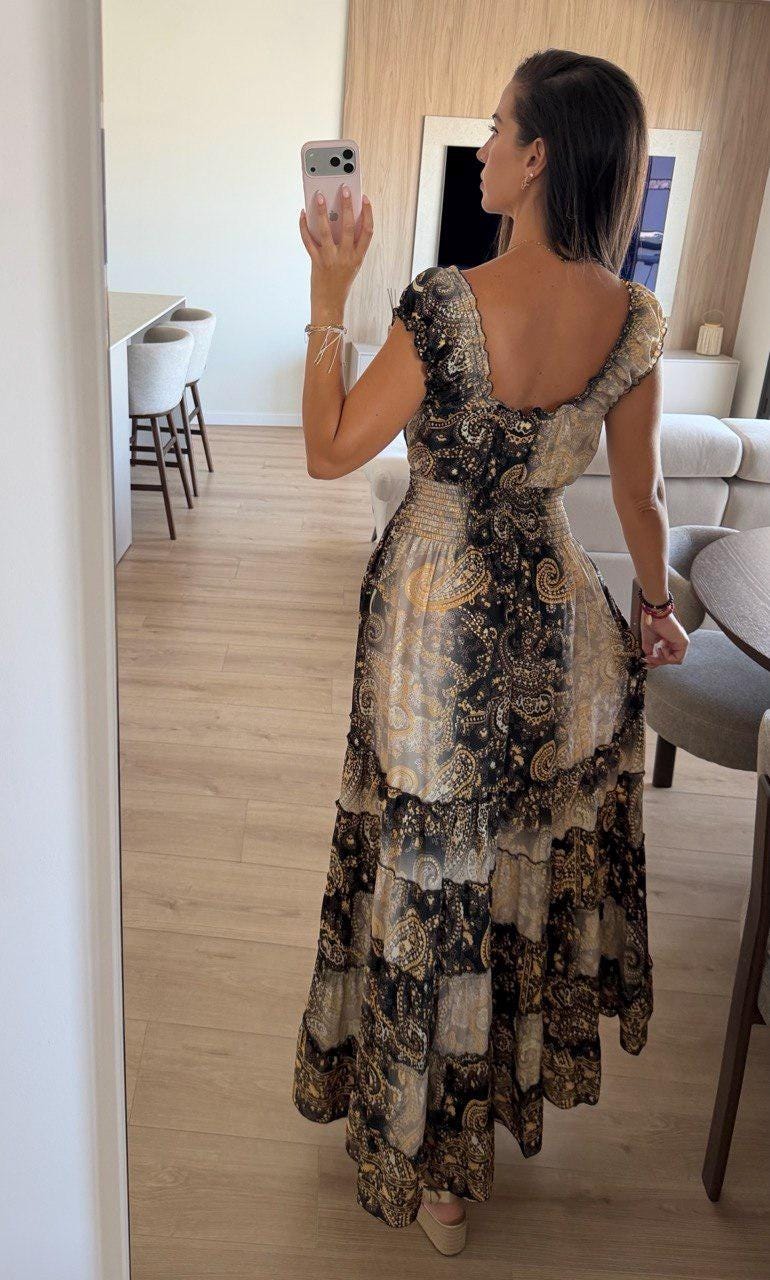 Women's Silk Maxi Dress, Boho Paisley Dress, Luxury Summer Dress, Beach Vacation Dress, Flowy Silk Dress, Resort Wear, Ibiza Boho Dress.
