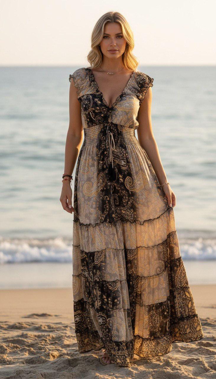 Women's Silk Maxi Dress, Boho Paisley Dress, Luxury Summer Dress, Beach Vacation Dress, Flowy Silk Dress, Resort Wear, Ibiza Boho Dress.