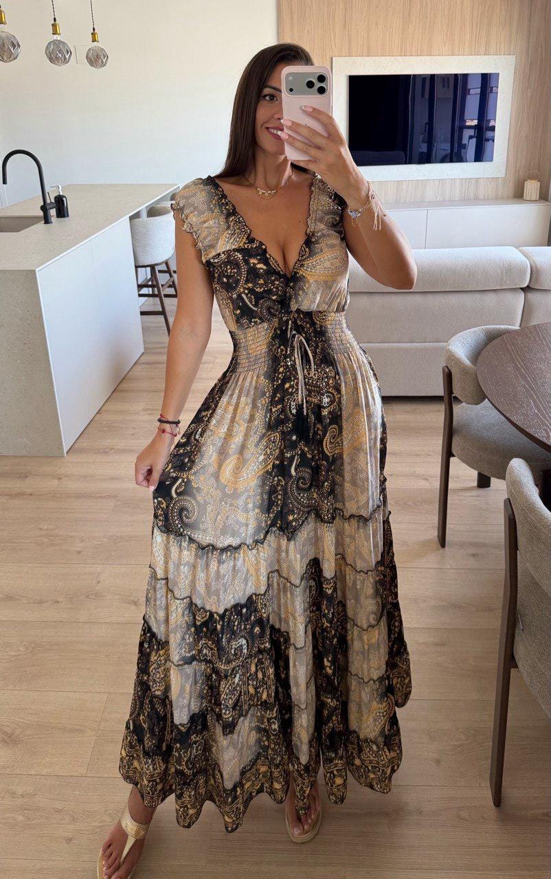 Women's Silk Maxi Dress, Boho Paisley Dress, Luxury Summer Dress, Beach Vacation Dress, Flowy Silk Dress, Resort Wear, Ibiza Boho Dress.