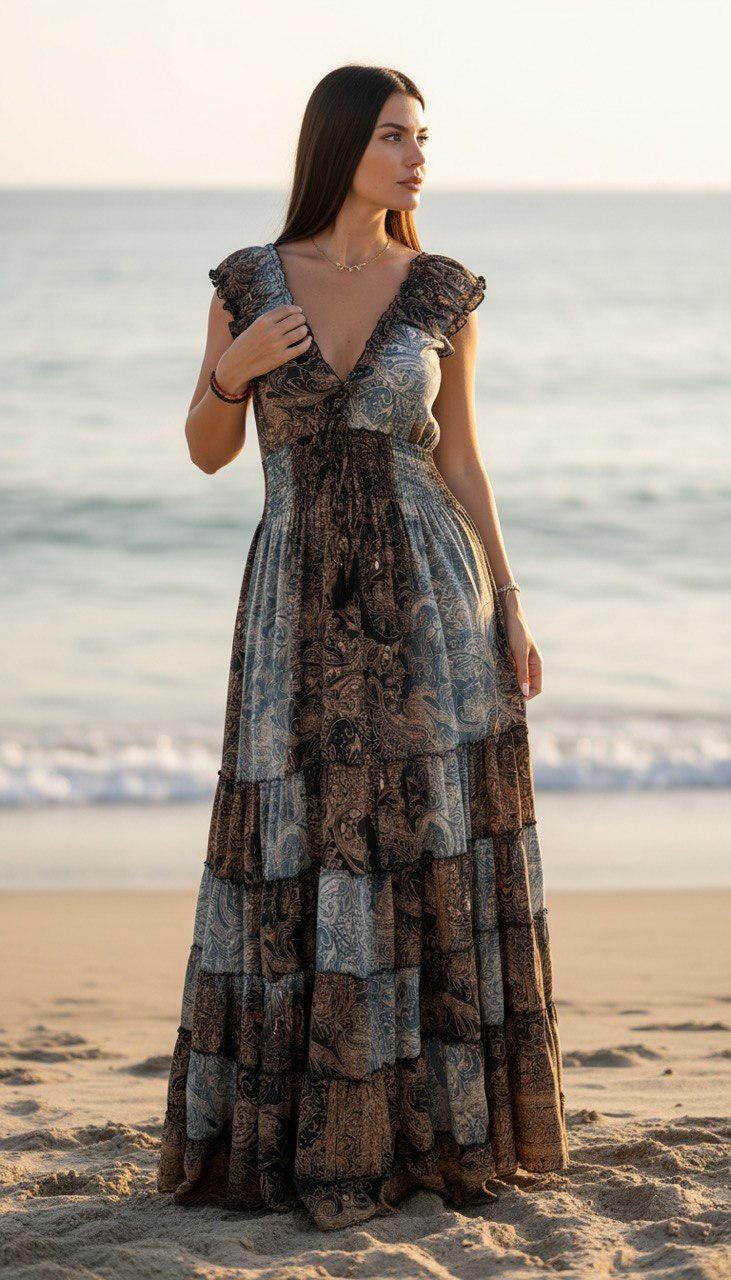 Silk Boho Maxi Dress, Paisley Silk Dress for Women, Blue Brown Summer Dress, Flowy Beach Dress, Resort Wear, Bohemian Dress, Hippie Boho.