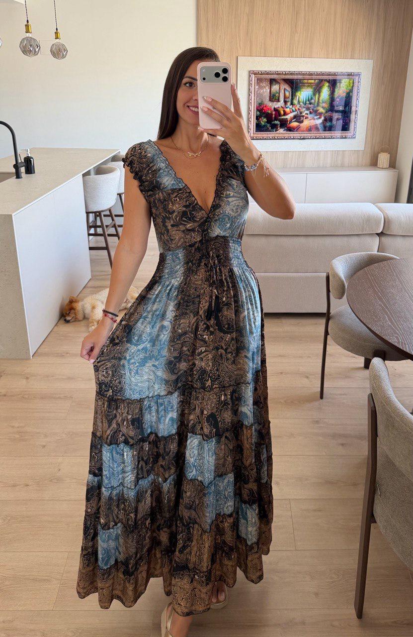 Silk Boho Maxi Dress, Paisley Silk Dress for Women, Blue Brown Summer Dress, Flowy Beach Dress, Resort Wear, Bohemian Dress, Hippie Boho.