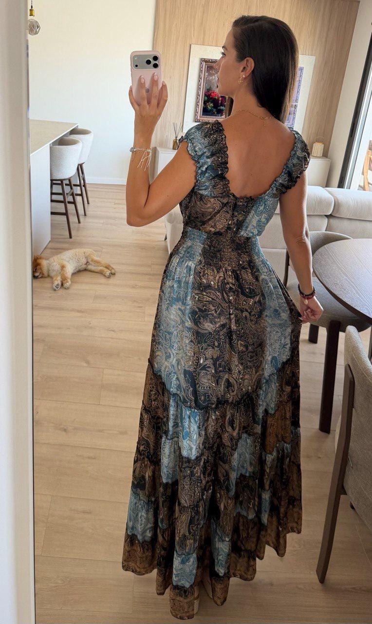 Silk Boho Maxi Dress, Paisley Silk Dress for Women, Blue Brown Summer Dress, Flowy Beach Dress, Resort Wear, Bohemian Dress, Hippie Boho.