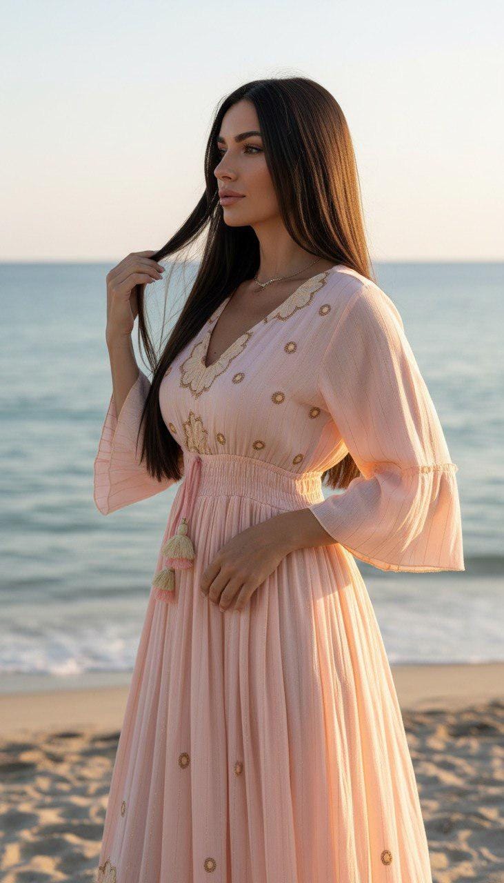 Mint Green Boho Maxi Dress, Embroidered Beach Dress, V Neck Summer Dress, Flowy Resort Wear, Bohemian Vacation Dress, Long Sleeve Maxi Dress