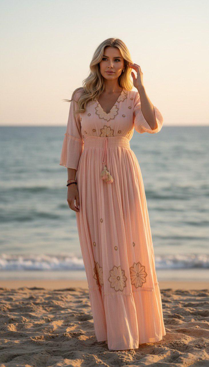 Blush Pink Boho Maxi Dress for Women, Embroidered Long Sleeve Dress, Pleated Summer Dress, Modest Wedding Guest Dress.