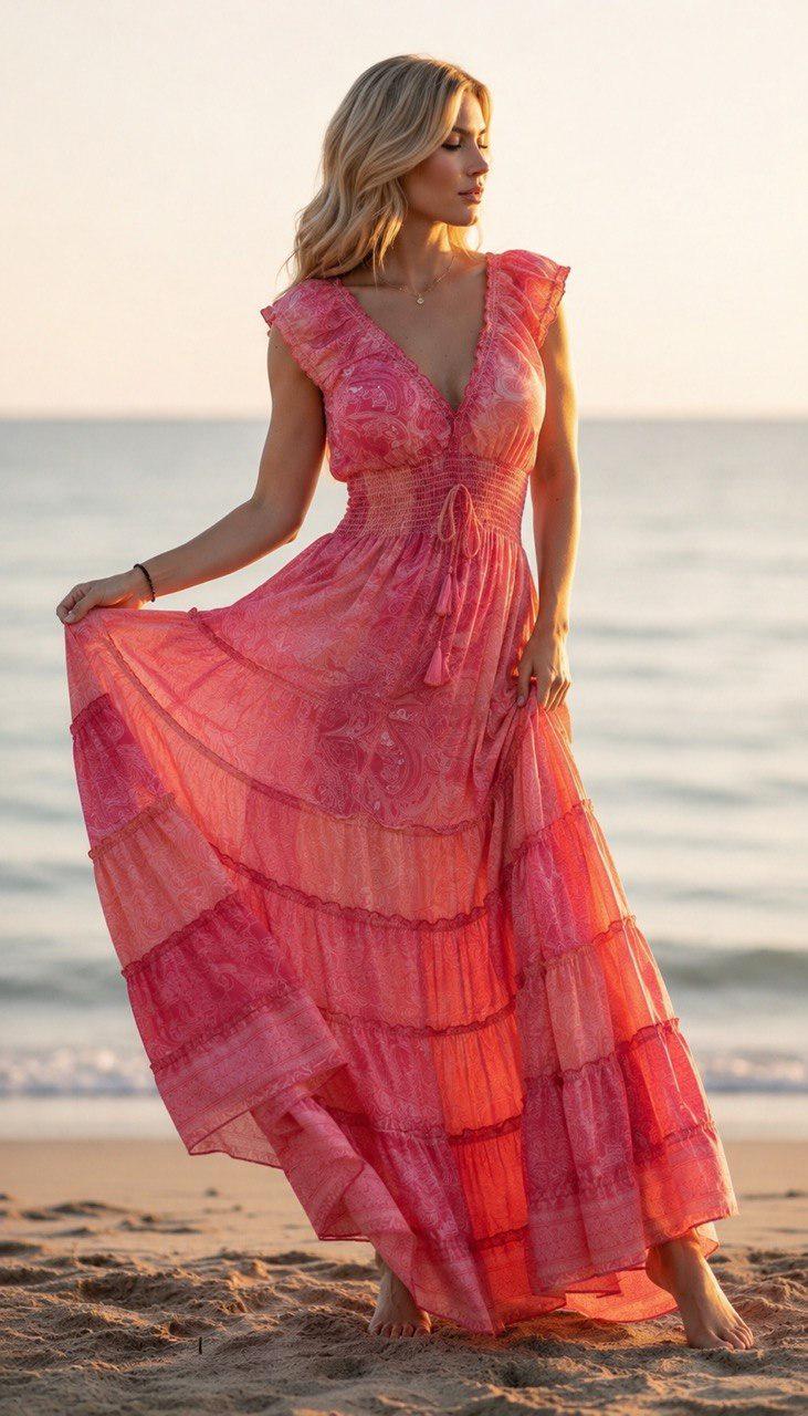 Pink Silk Maxi Dress, Boho Summer Dress, Romantic Floral Paisley Dress, V Neck Ruffle Dress, Beach Wedding Guest Dress, Feminine Long Dress.