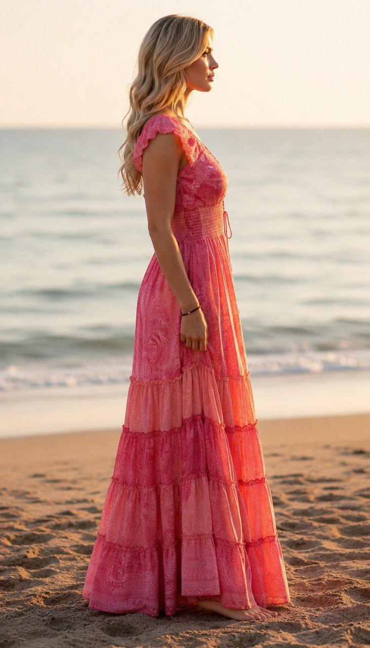 Pink Silk Maxi Dress, Boho Summer Dress, Romantic Floral Paisley Dress, V Neck Ruffle Dress, Beach Wedding Guest Dress, Feminine Long Dress.