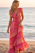 Pink Silk Maxi Dress, Boho Summer Dress, Romantic Floral Paisley Dress, V Neck Ruffle Dress, Beach Wedding Guest Dress, Feminine Long Dress.