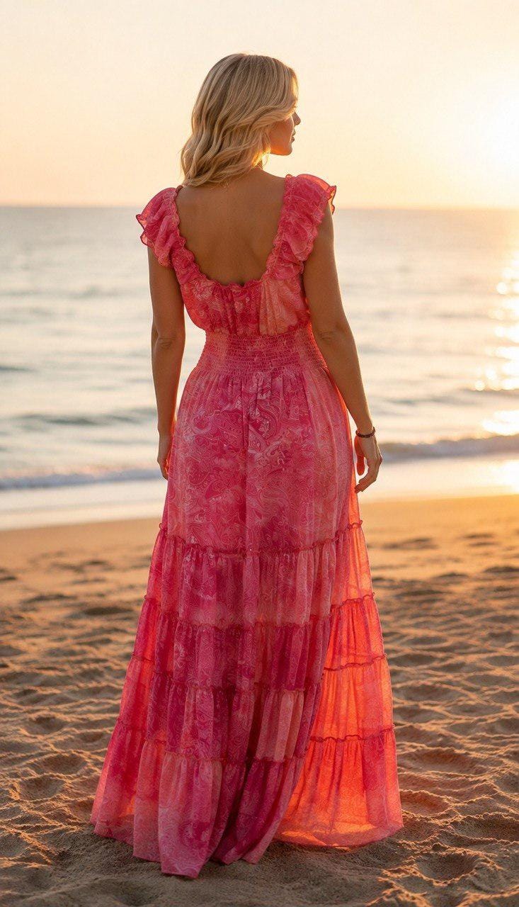 Pink Silk Maxi Dress, Boho Summer Dress, Romantic Floral Paisley Dress, V Neck Ruffle Dress, Beach Wedding Guest Dress, Feminine Long Dress.