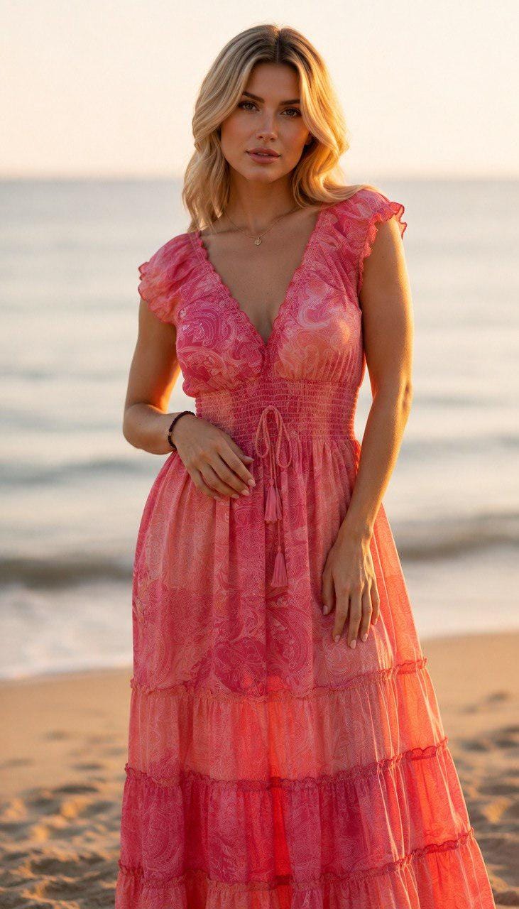 Pink Silk Maxi Dress, Boho Summer Dress, Romantic Floral Paisley Dress, V Neck Ruffle Dress, Beach Wedding Guest Dress, Feminine Long Dress.