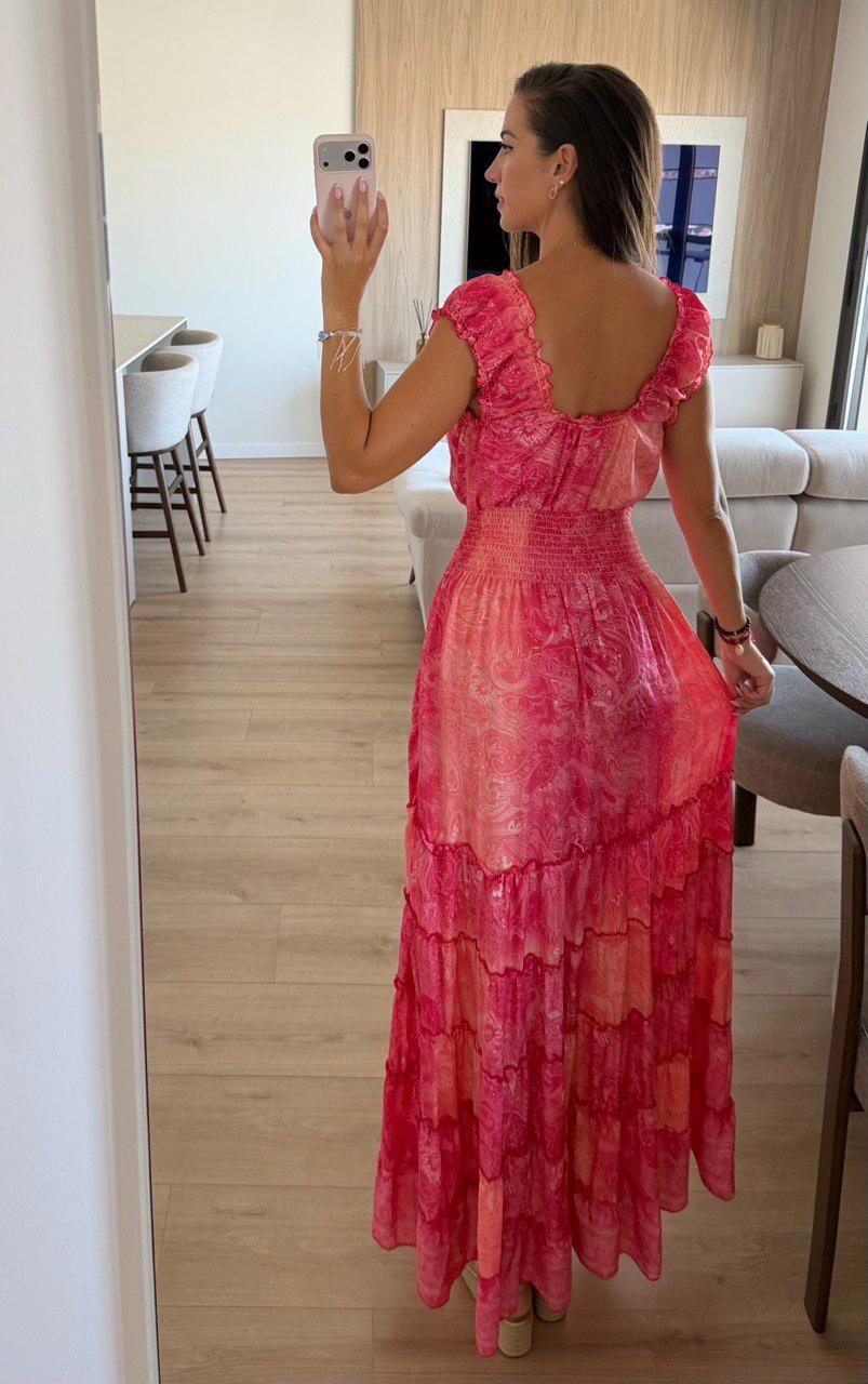Pink Silk Maxi Dress, Boho Summer Dress, Romantic Floral Paisley Dress, V Neck Ruffle Dress, Beach Wedding Guest Dress, Feminine Long Dress.