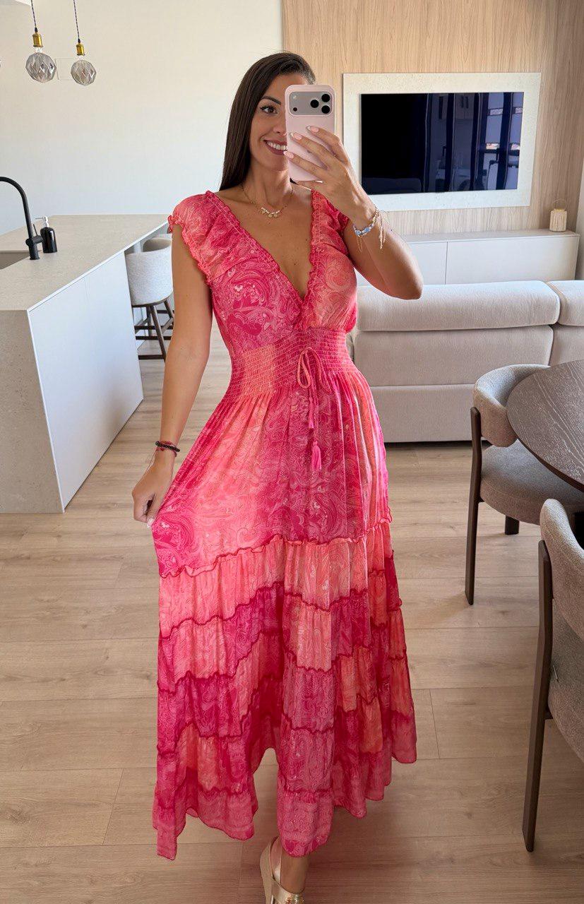 Pink Silk Maxi Dress, Boho Summer Dress, Romantic Floral Paisley Dress, V Neck Ruffle Dress, Beach Wedding Guest Dress, Feminine Long Dress.