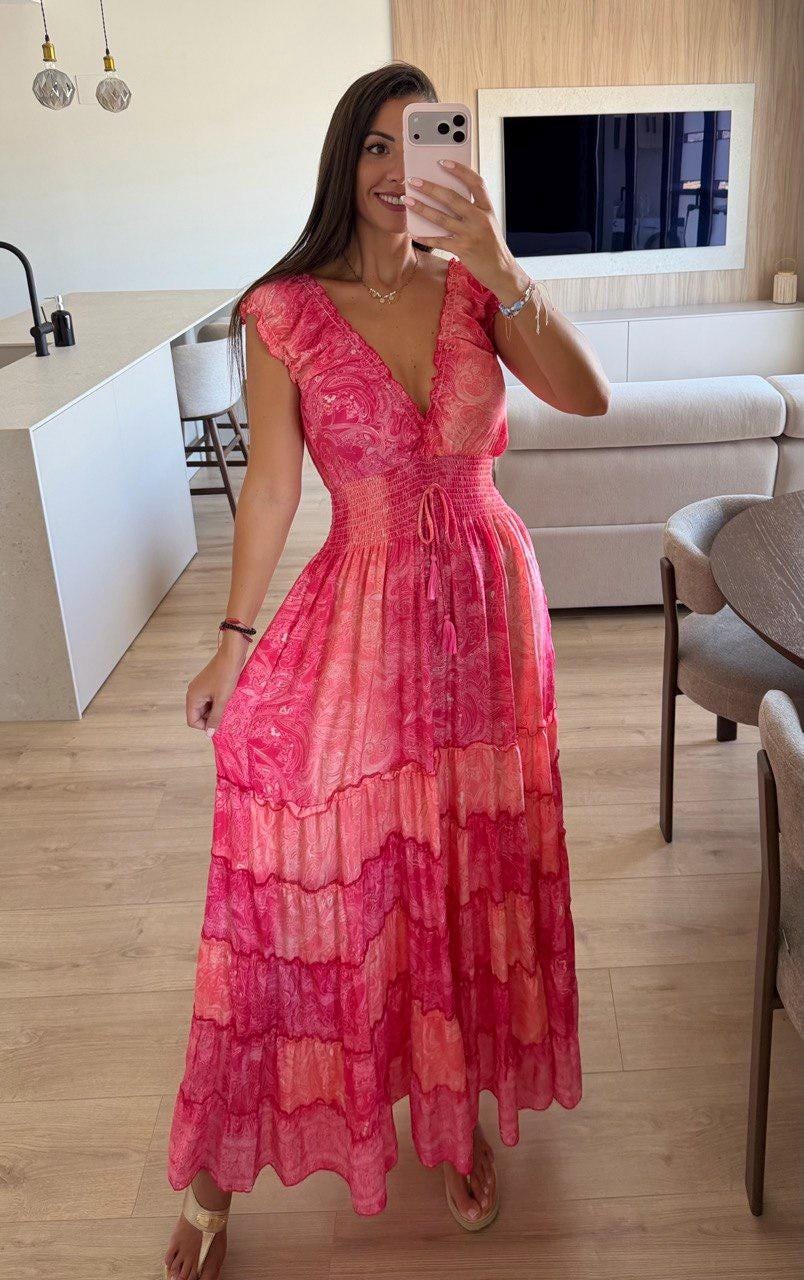 Pink Silk Maxi Dress, Boho Summer Dress, Romantic Floral Paisley Dress, V Neck Ruffle Dress, Beach Wedding Guest Dress, Feminine Long Dress.