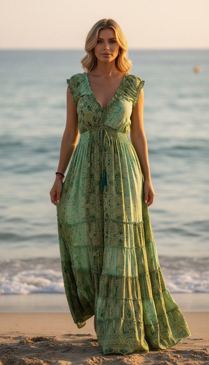 Green Silk Maxi Dress, Boho Paisley Summer Dress, V Neck Ruffle Dress, Long Flowing Beach Dress, Romantic Wedding Guest Dress, Bohemian Dres
