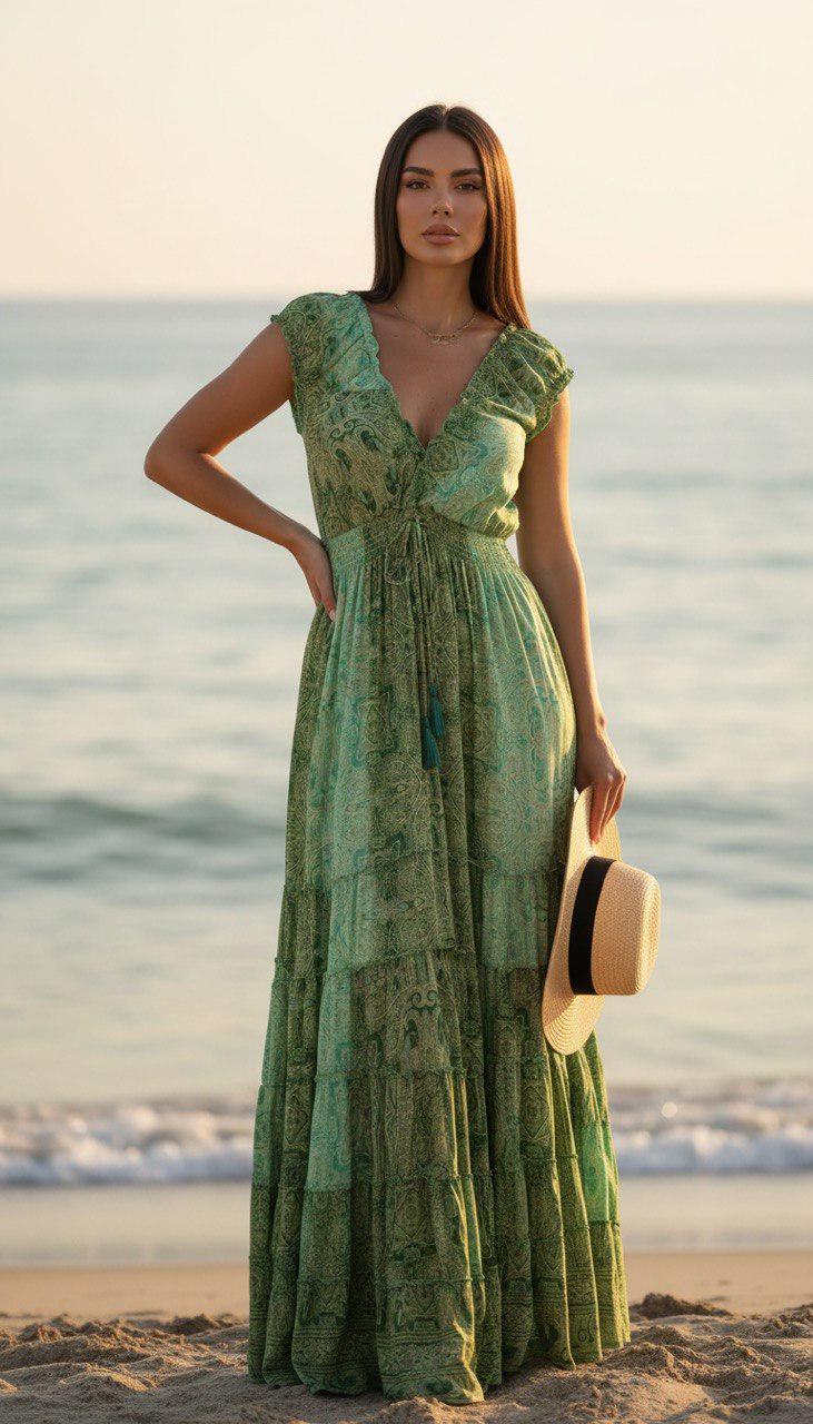 Green Silk Maxi Dress, Boho Paisley Summer Dress, V Neck Ruffle Dress, Long Flowing Beach Dress, Romantic Wedding Guest Dress, Bohemian Dres