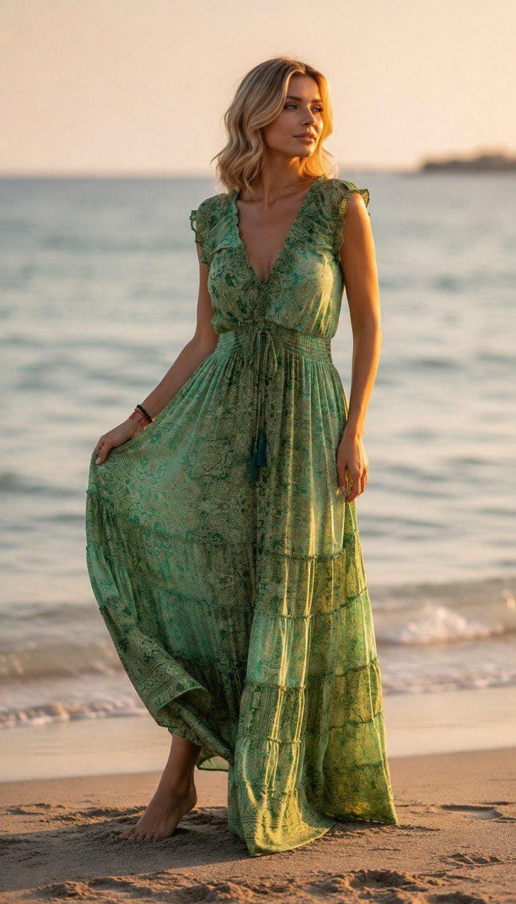Green Silk Maxi Dress, Boho Paisley Summer Dress, V Neck Ruffle Dress, Long Flowing Beach Dress, Romantic Wedding Guest Dress, Bohemian Dres