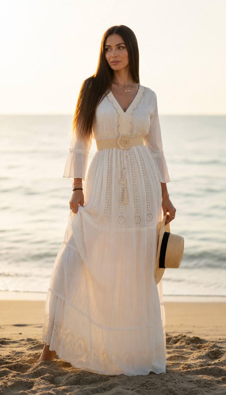 White Boho Maxi Dress for Women, Long Embroidered Summer Dress, Beach Vacation Dress, Bohemian Resort Dress, Bridal Shower Outfit.