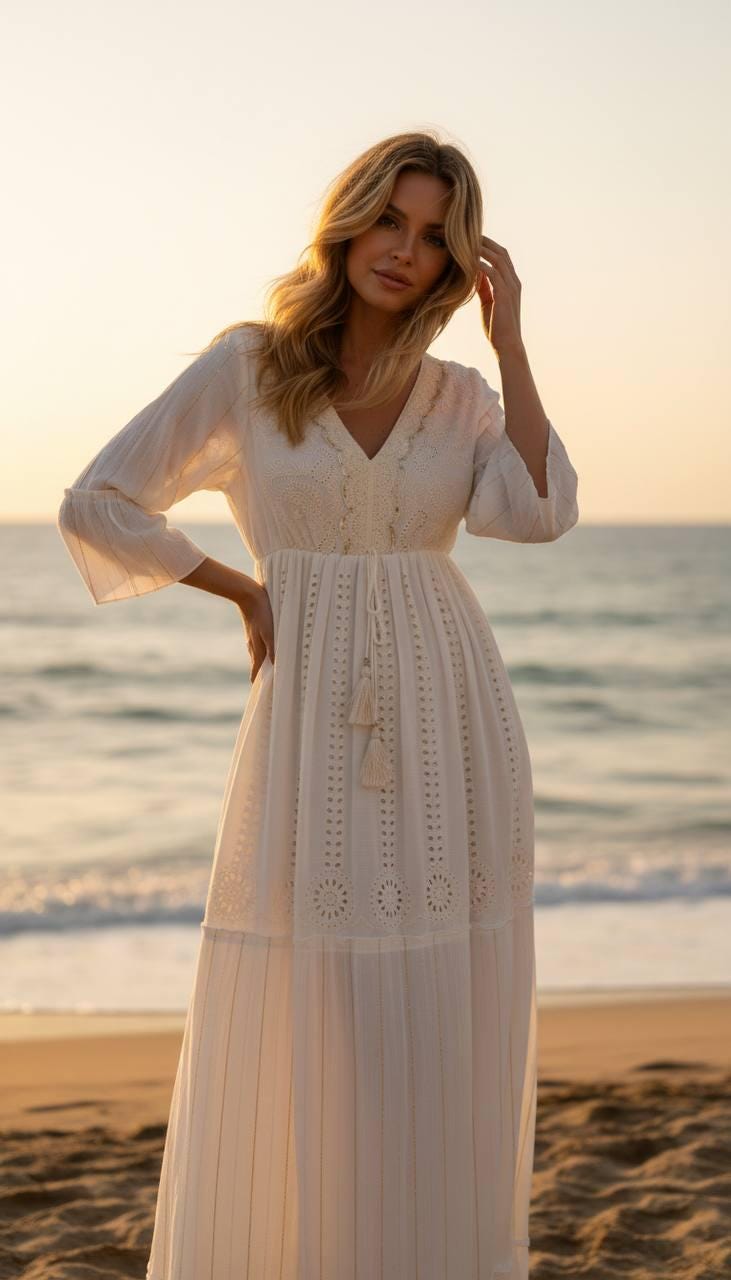 White Boho Maxi Dress for Women, Long Embroidered Summer Dress, Beach Vacation Dress, Bohemian Resort Dress, Bridal Shower Outfit.