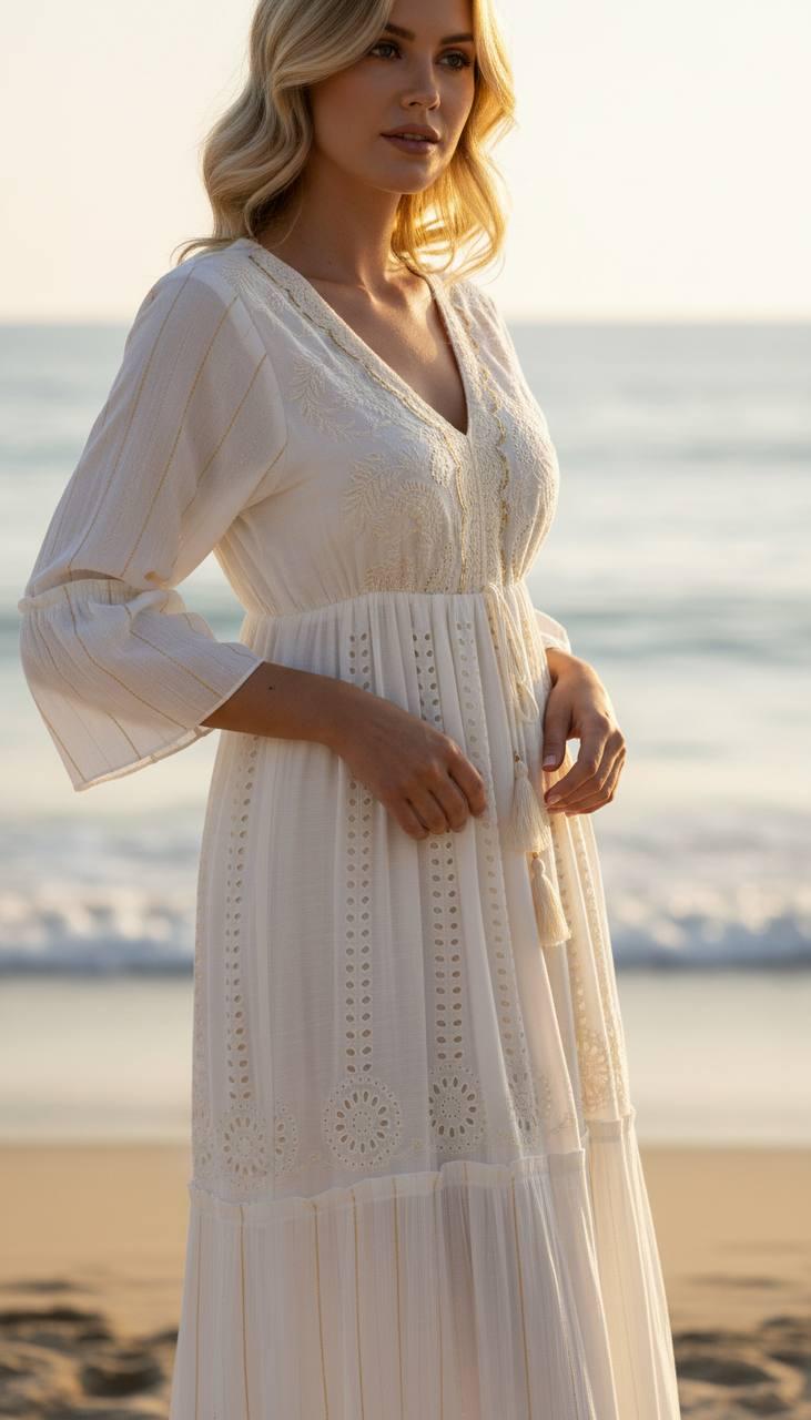 White Boho Maxi Dress for Women, Long Embroidered Summer Dress, Beach Vacation Dress, Bohemian Resort Dress, Bridal Shower Outfit.