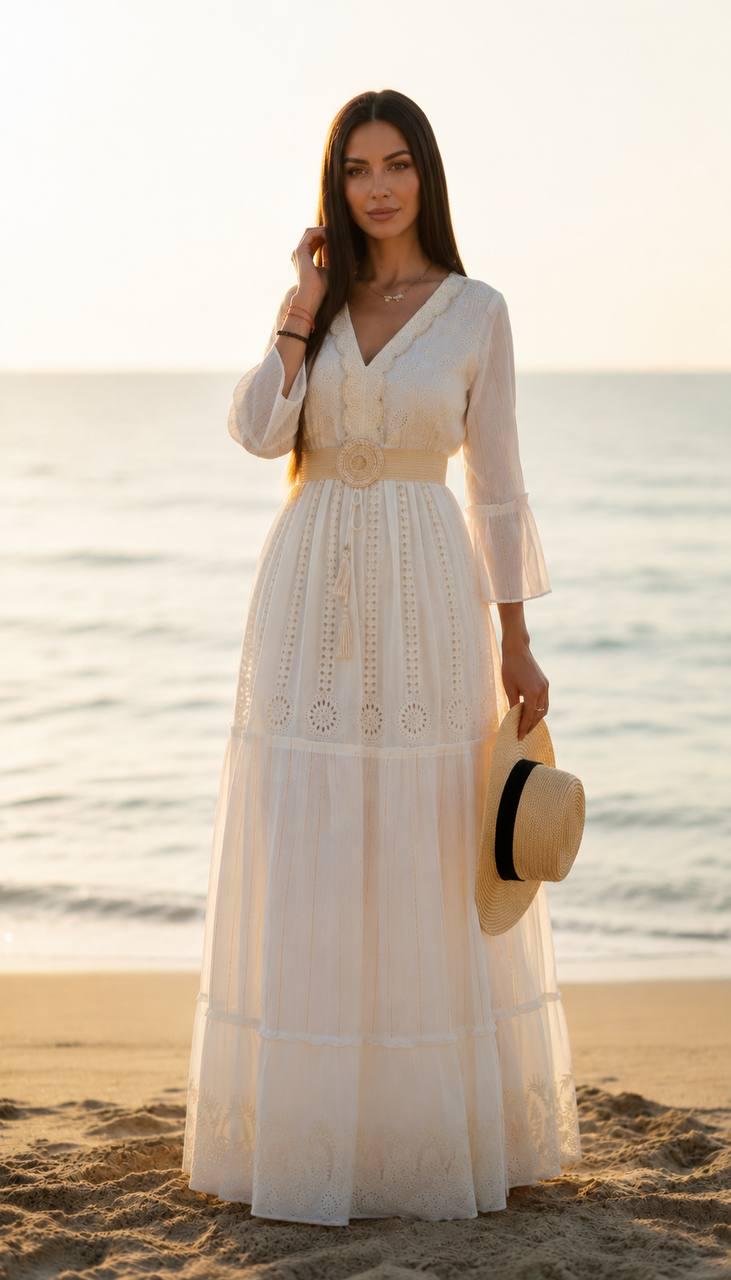 White Boho Maxi Dress for Women, Long Embroidered Summer Dress, Beach Vacation Dress, Bohemian Resort Dress, Bridal Shower Outfit.