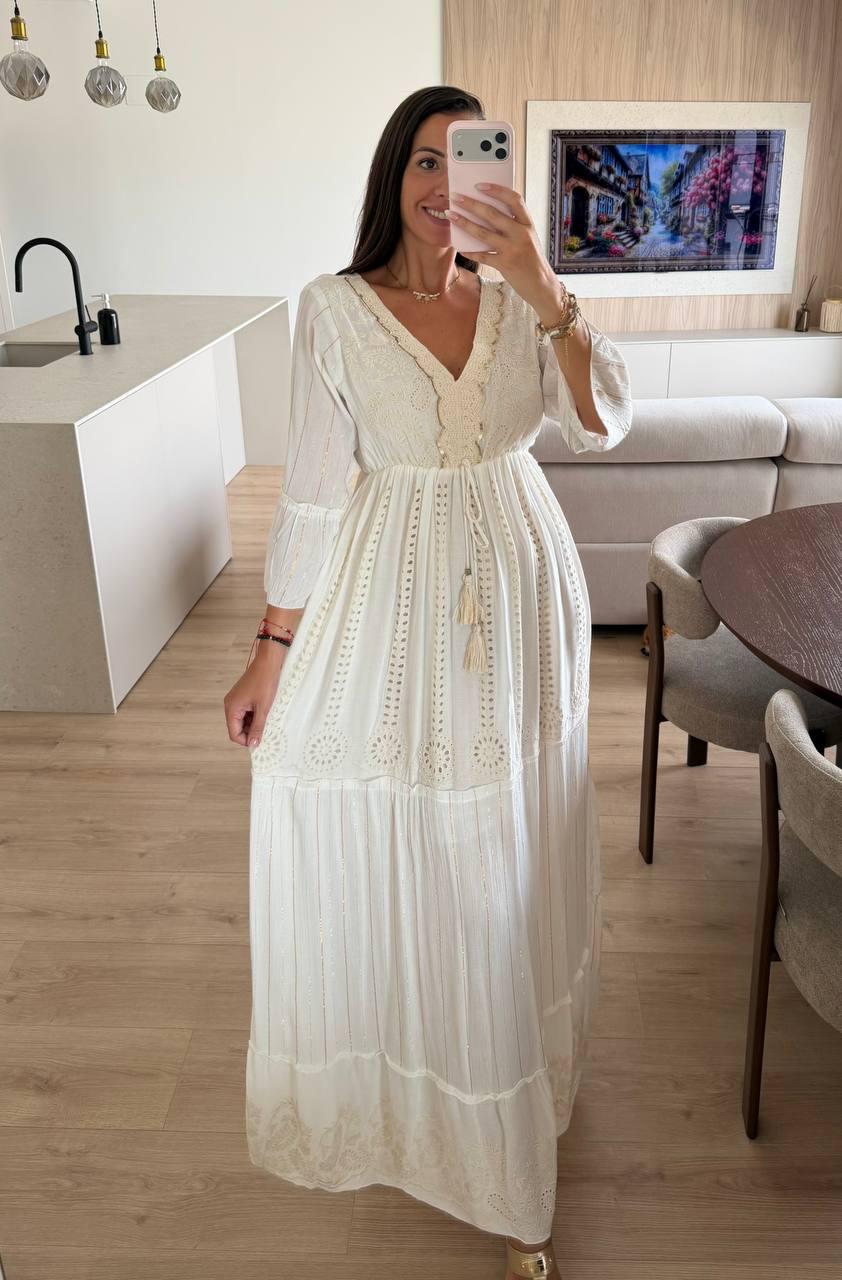 White Boho Maxi Dress for Women, Long Embroidered Summer Dress, Beach Vacation Dress, Bohemian Resort Dress, Bridal Shower Outfit.