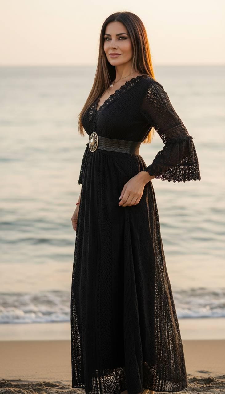 Black Boho Maxi Dress, Lace Long Sleeve Dress for Women, Elegant Summer Dress, Beach Vacation Outfit, Bohemian Resort Wear.