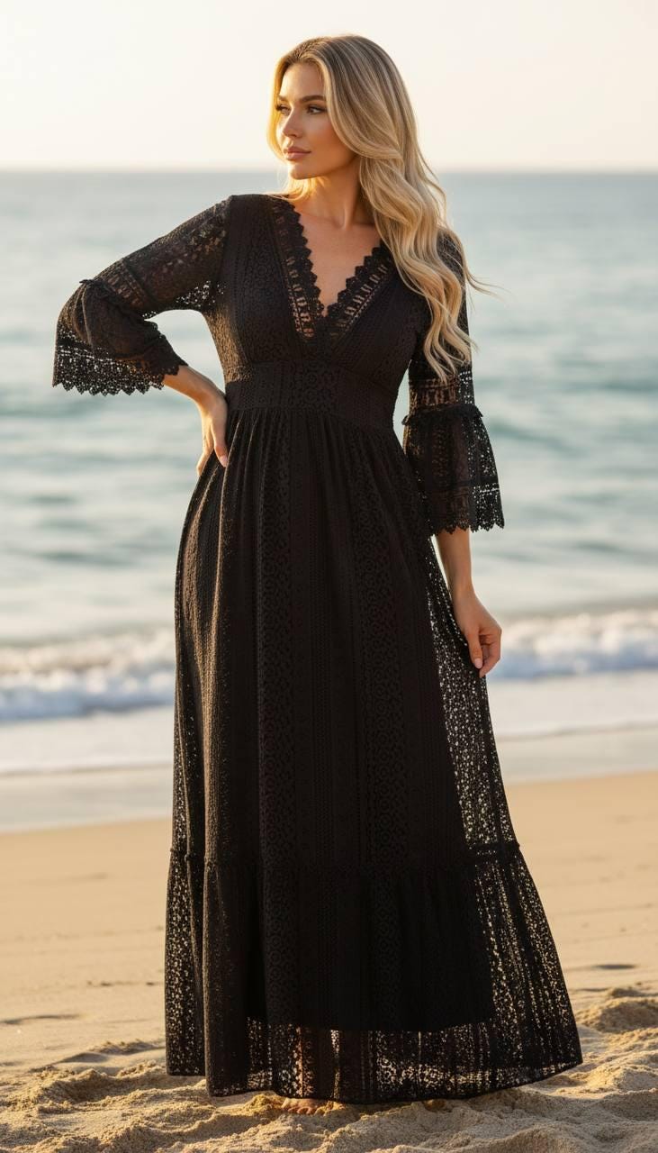 Black Boho Maxi Dress, Lace Long Sleeve Dress for Women, Elegant Summer Dress, Beach Vacation Outfit, Bohemian Resort Wear.