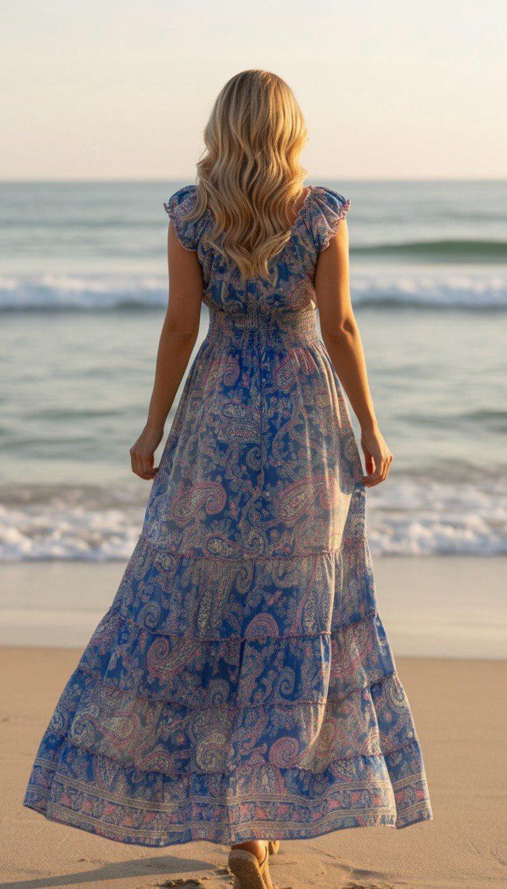 Blue Paisley Maxi Dress, Boho Summer Dress, Floral Print Dress, V Neck Long Dress, Bohemian Beach Dress, Romantic Women's Dress.