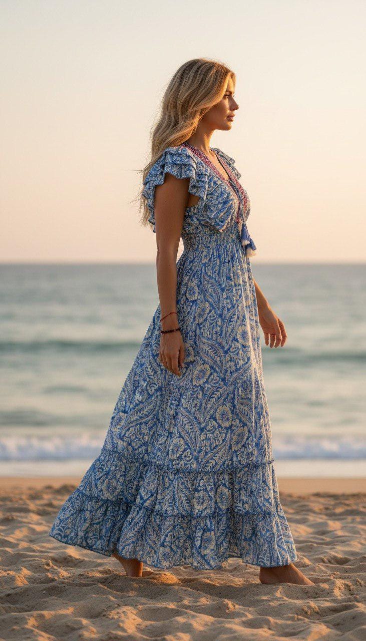 Pink Boho Maxi Dress for Men, Ruffle Sleeve Summer Dress, Beach Vacation Outfit, Flowy Paisley Long Dress, Festival Clothing, Silk for Women