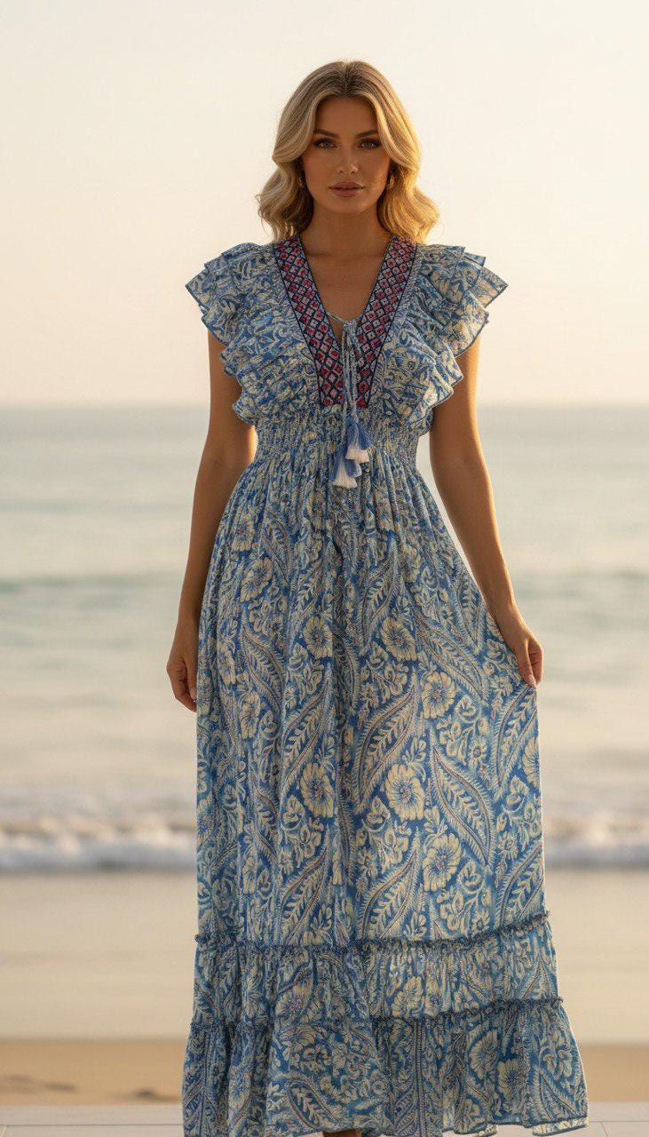 Pink Boho Maxi Dress for Men, Ruffle Sleeve Summer Dress, Beach Vacation Outfit, Flowy Paisley Long Dress, Festival Clothing, Silk for Women
