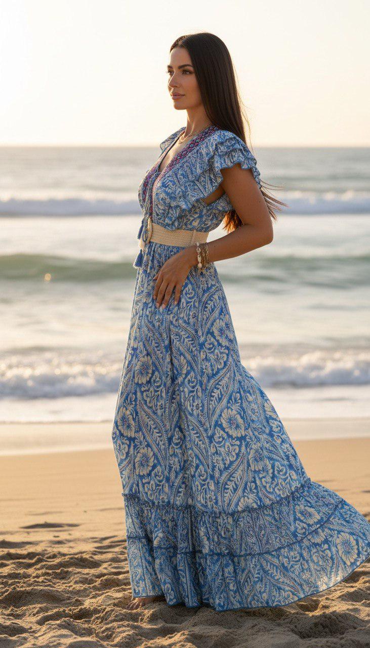 Pink Boho Maxi Dress for Men, Ruffle Sleeve Summer Dress, Beach Vacation Outfit, Flowy Paisley Long Dress, Festival Clothing, Silk for Women