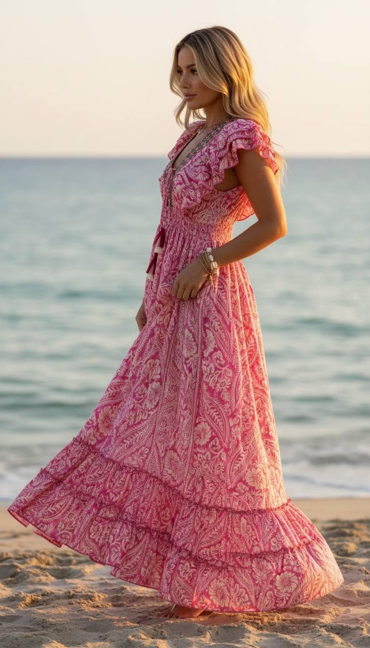 Pink Boho Maxi Dress for Men, Ruffle Sleeve Summer Dress, Beach Vacation Outfit, Flowy Paisley Long Dress, Festival Clothing, Silk for Women