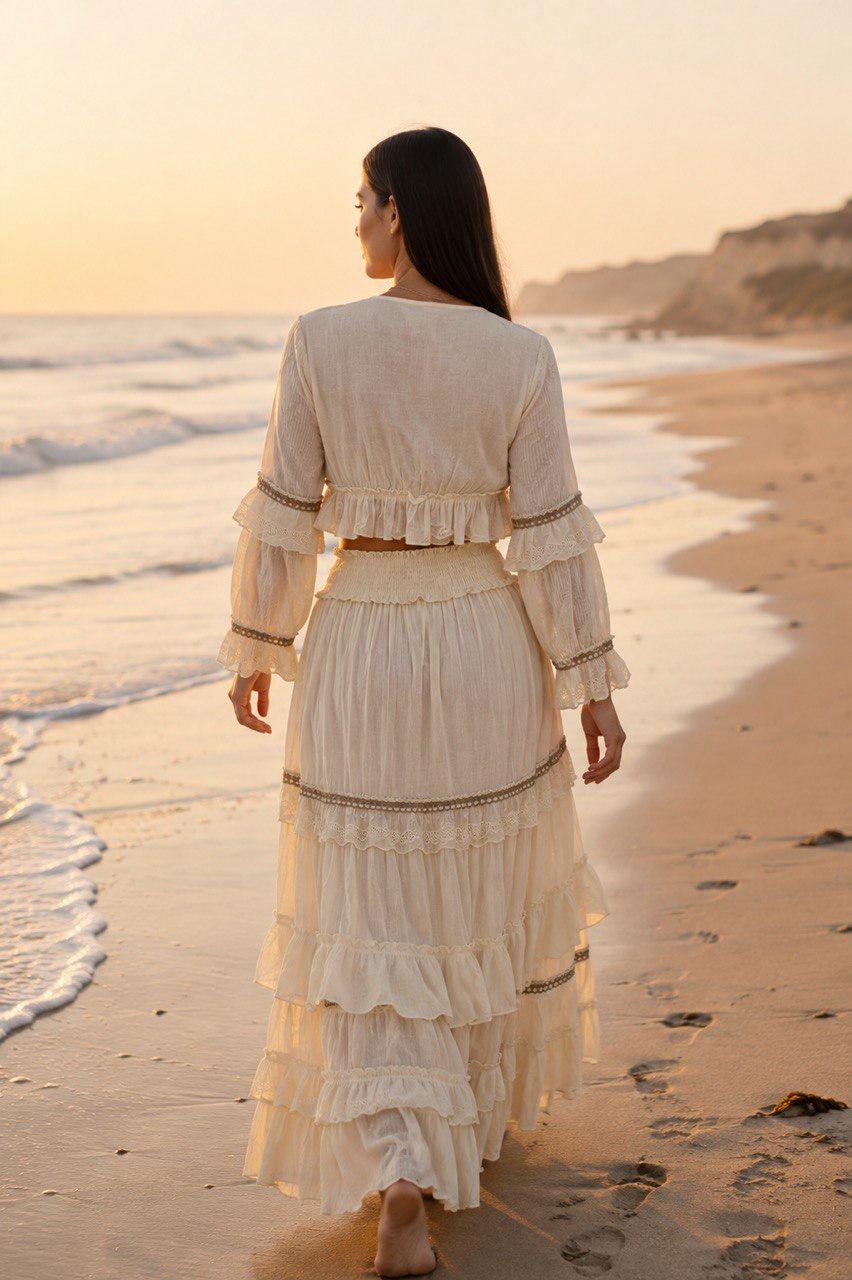 Boho Two Piece Set, Bohemian Crop Top and Maxi Skirt Set, Embroidered Summer Co-ord Set, Beach Vacation Outfit, Festival Matching Set