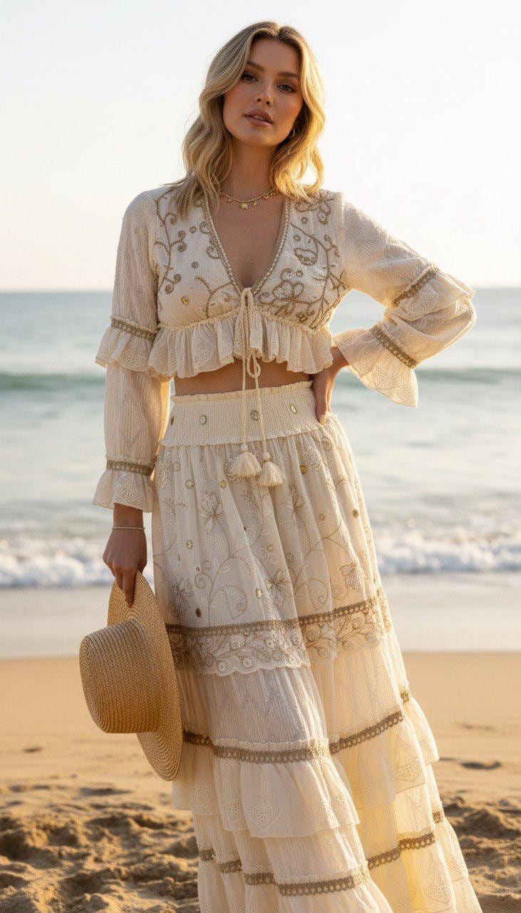 Boho Two Piece Set, Bohemian Crop Top and Maxi Skirt Set, Embroidered Summer Co-ord Set, Beach Vacation Outfit, Festival Matching Set