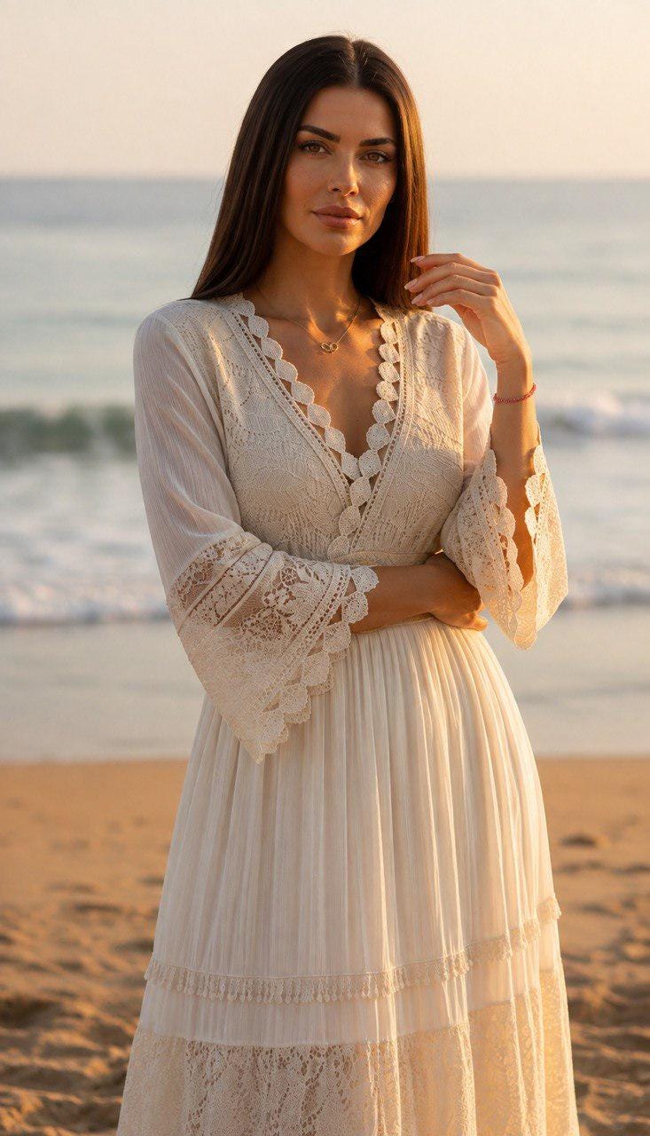 White Boho Maxi Dress, Lace Cottagecore Dress, Romantic Long Sleeve Maxi Dress, Beach Wedding Dress, Flowy Bohemian Summer Dress.