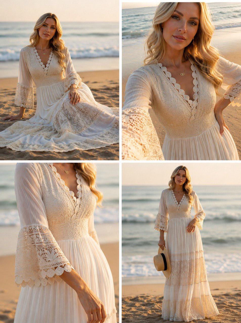 White Boho Maxi Dress, Lace Cottagecore Dress, Romantic Long Sleeve Maxi Dress, Beach Wedding Dress, Flowy Bohemian Summer Dress.