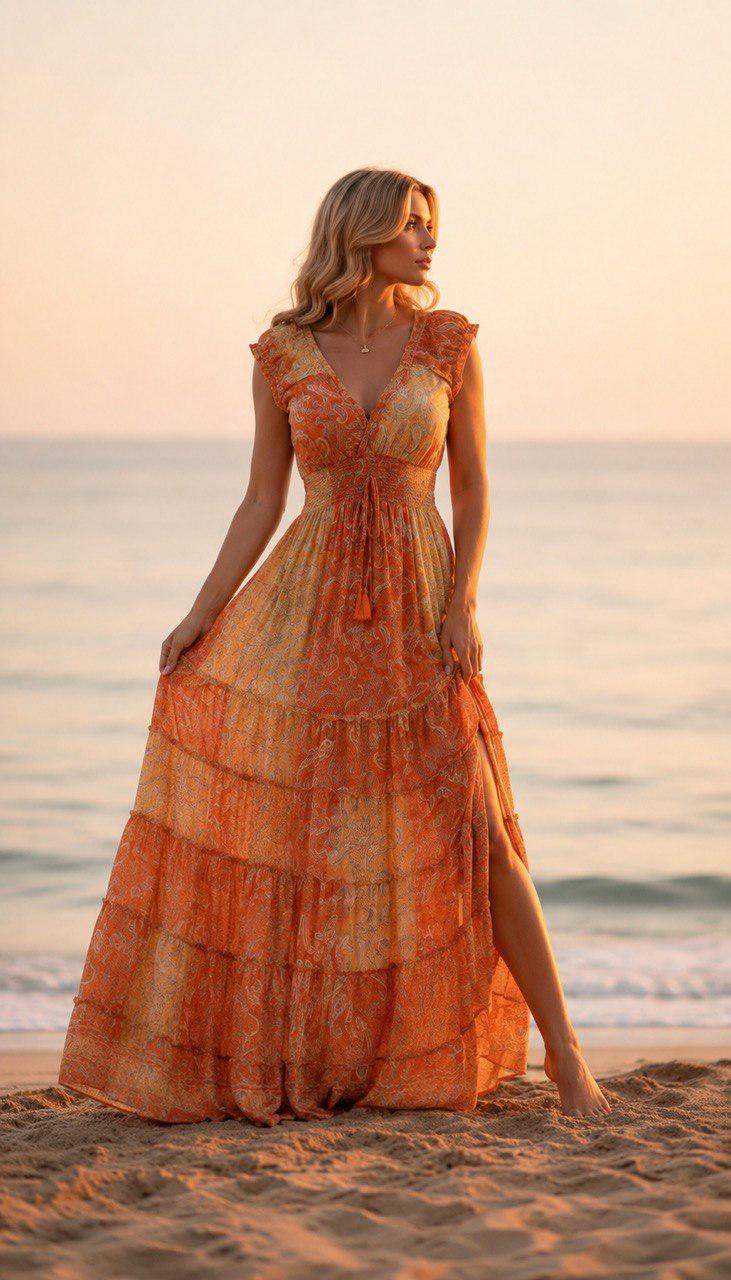 Orange Silk Maxi Dress, Boho Paisley Dress, Long Summer Dress, Beach Vacation Dress, Bohemian Wedding Guest Dress, Resort Dress, Boho Chic.