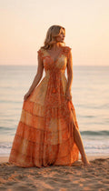 Orange Silk Maxi Dress, Boho Paisley Dress, Long Summer Dress, Beach Vacation Dress, Bohemian Wedding Guest Dress, Resort Dress, Boho Chic.