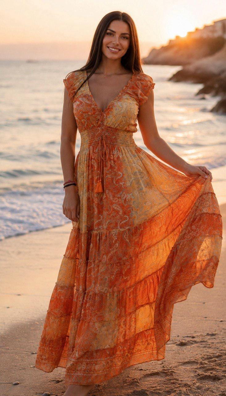 Orange Silk Maxi Dress, Boho Paisley Dress, Long Summer Dress, Beach Vacation Dress, Bohemian Wedding Guest Dress, Resort Dress, Boho Chic.