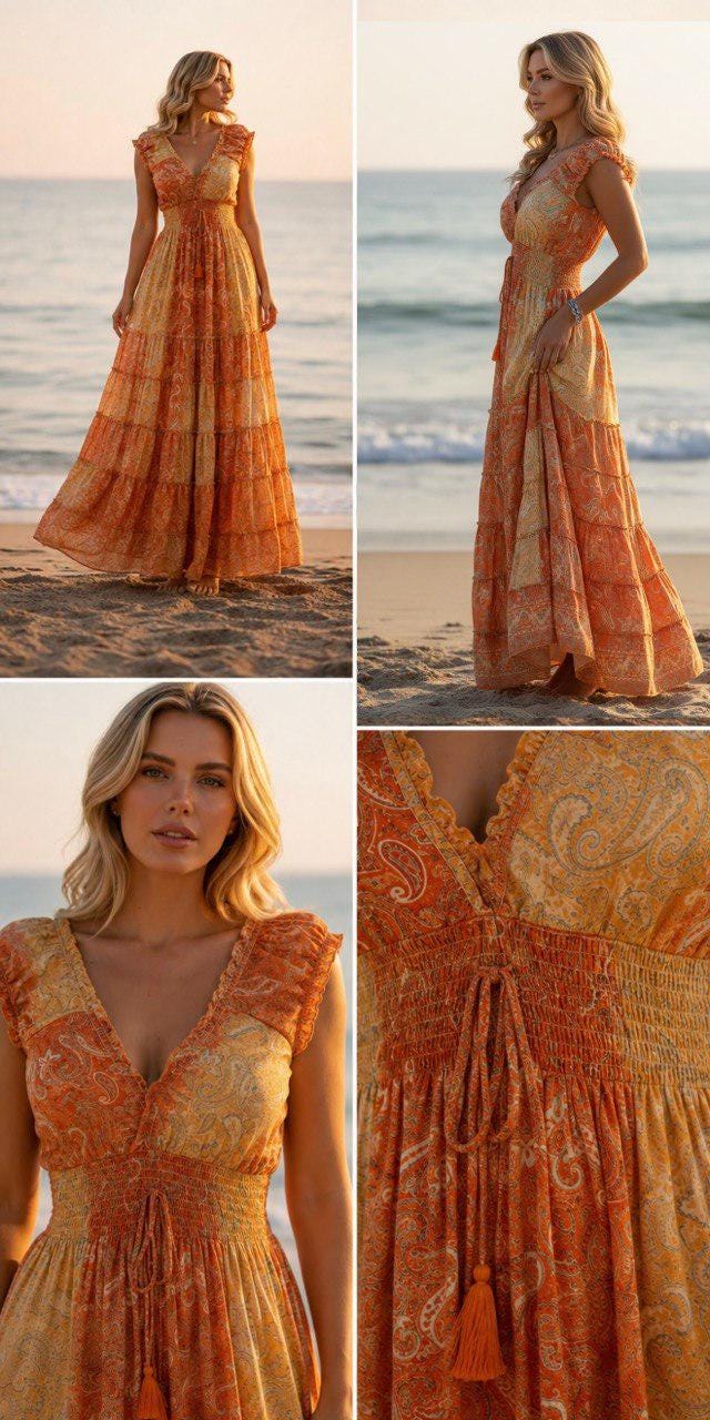 Orange Silk Maxi Dress, Boho Paisley Dress, Long Summer Dress, Beach Vacation Dress, Bohemian Wedding Guest Dress, Resort Dress, Boho Chic.