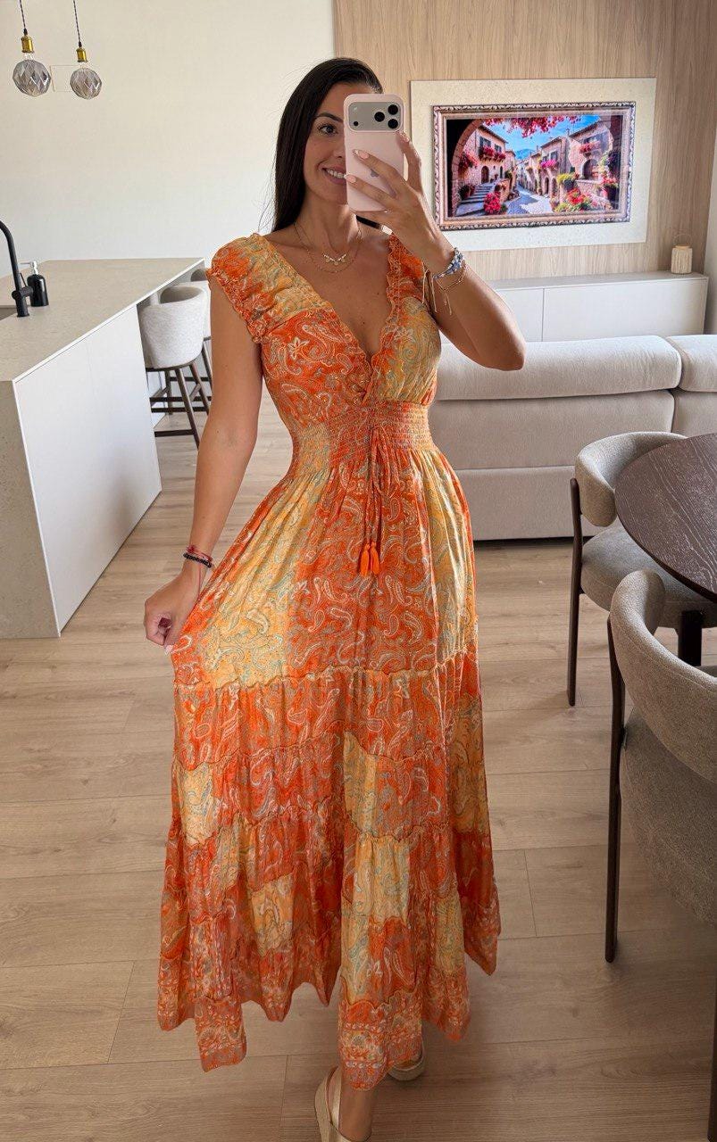 Orange Silk Maxi Dress, Boho Paisley Dress, Long Summer Dress, Beach Vacation Dress, Bohemian Wedding Guest Dress, Resort Dress, Boho Chic.