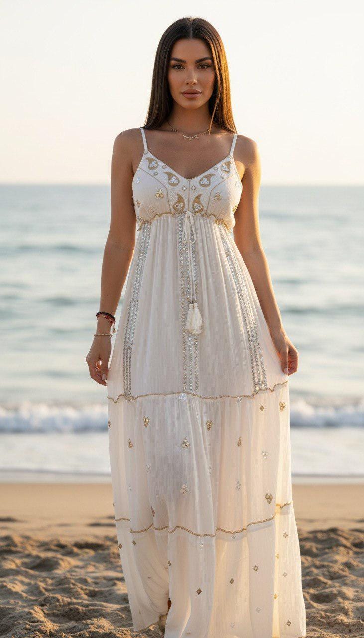 White Boho Maxi Dress for Women, Embroidered Summer Dress, Beach Vacation Dress, Flowy Resort Wear, Bohemian Long Dress, Hippie Boho Dress.