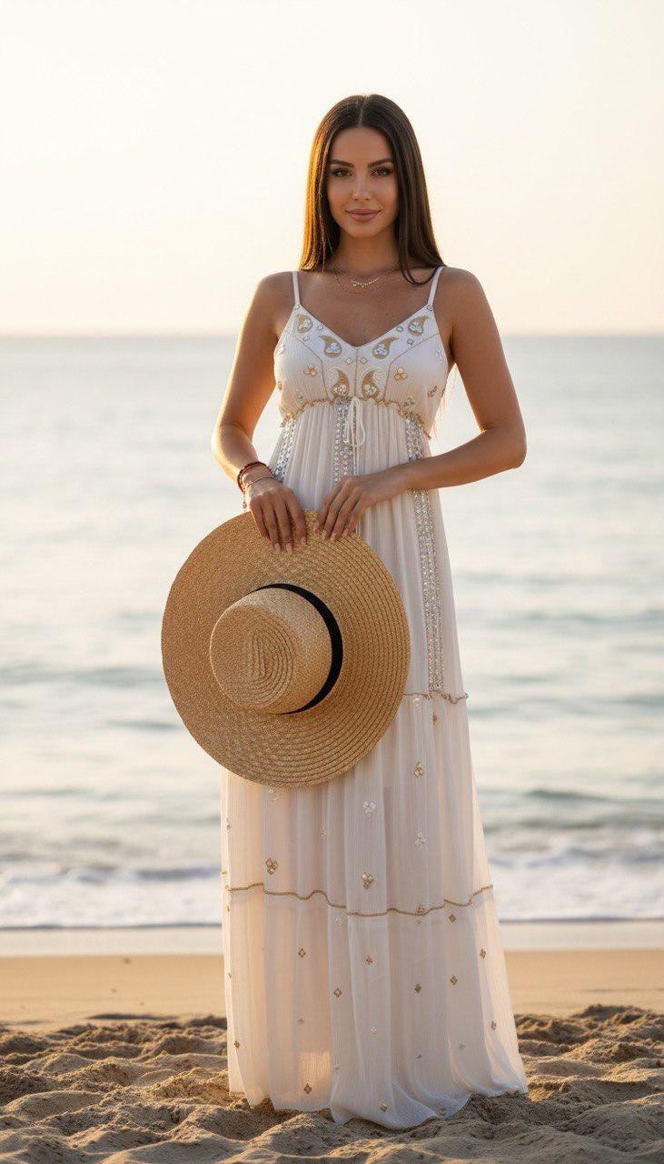 White Boho Maxi Dress for Women, Embroidered Summer Dress, Beach Vacation Dress, Flowy Resort Wear, Bohemian Long Dress, Hippie Boho Dress.