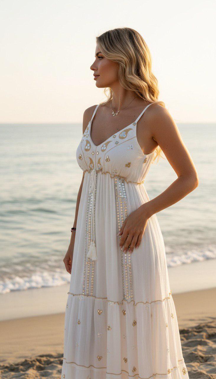 White Boho Maxi Dress for Women, Embroidered Summer Dress, Beach Vacation Dress, Flowy Resort Wear, Bohemian Long Dress, Hippie Boho Dress.