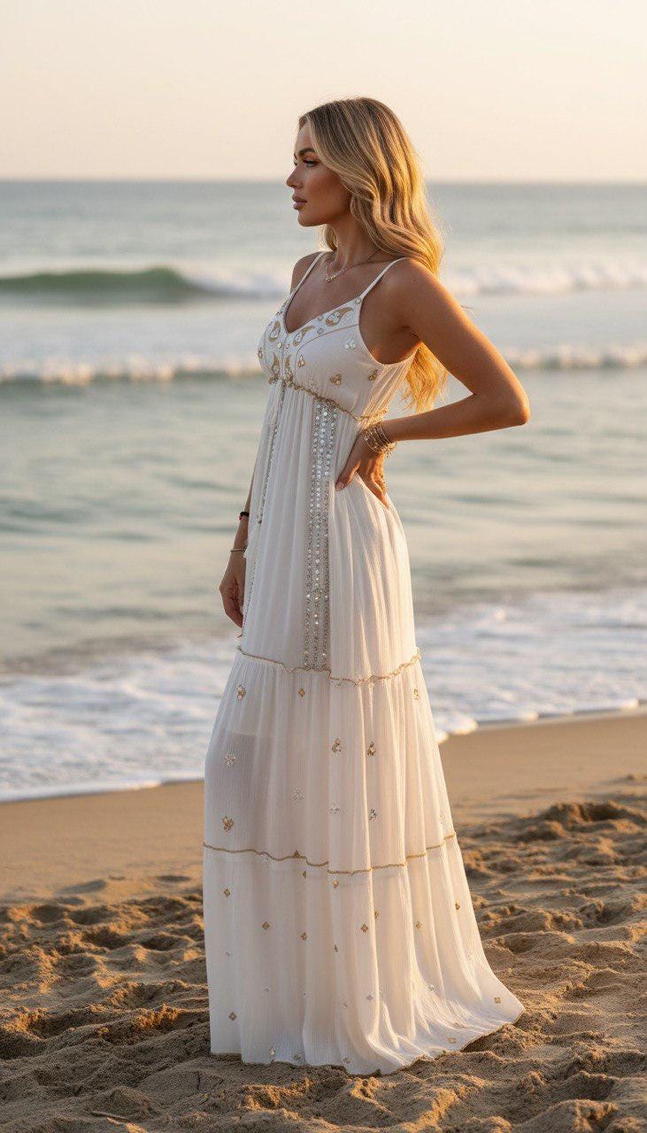 White Boho Maxi Dress for Women, Embroidered Summer Dress, Beach Vacation Dress, Flowy Resort Wear, Bohemian Long Dress, Hippie Boho Dress.