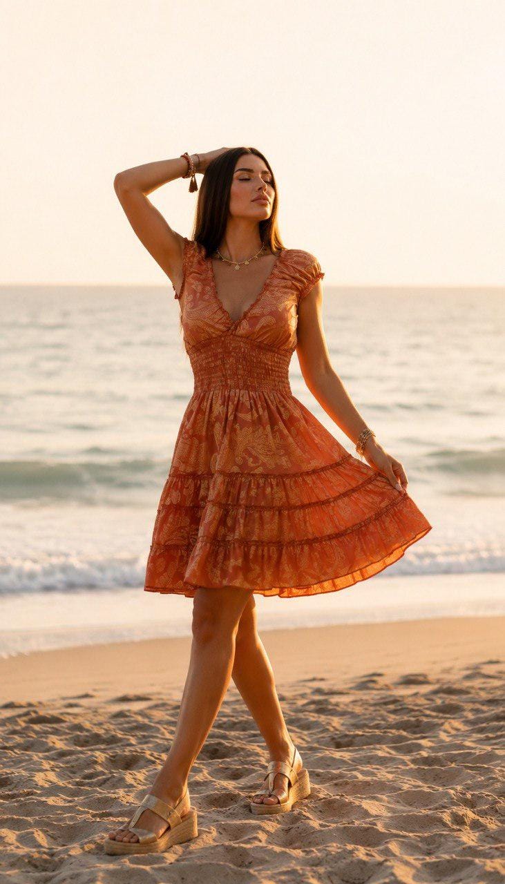Terracotta Boho Mini Dress for Women, Flowy Summer Dress, Beach Vacation Dress, Bohemian Ruffle Dress, Resort Wear, Smocked Mini Dress.